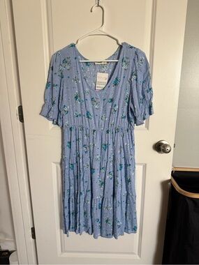 Light Blue Floral V-Neck Tiered Midi Dress